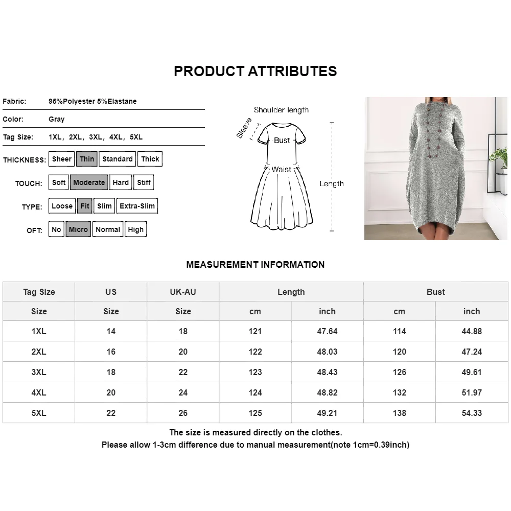 Women\'s Long Sleeve Dress Plus Size Winter Solid Pockets Round neck Front Short and Back Long Dress Warm Knitted Ladies Robe 5XL