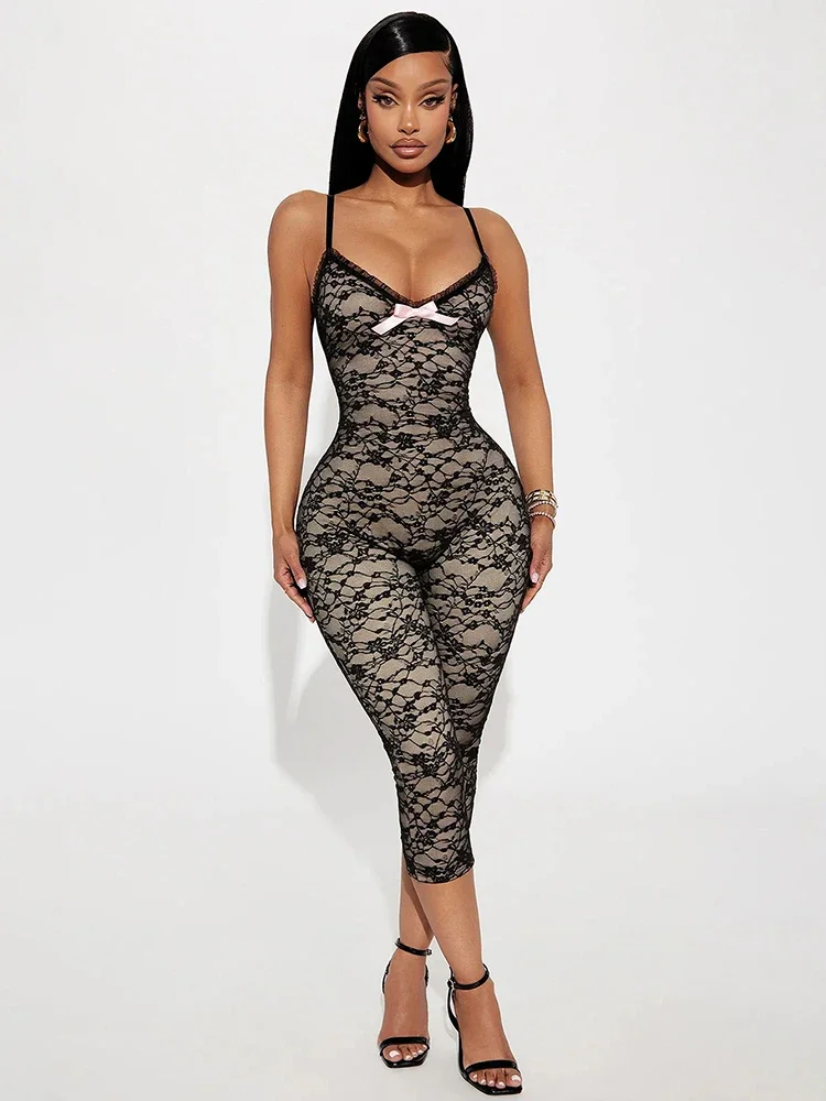 Renda bordada mulheres playsuits arcos splice doce sexy ver através de decote baixo magro macacão feminino meia-noite wear