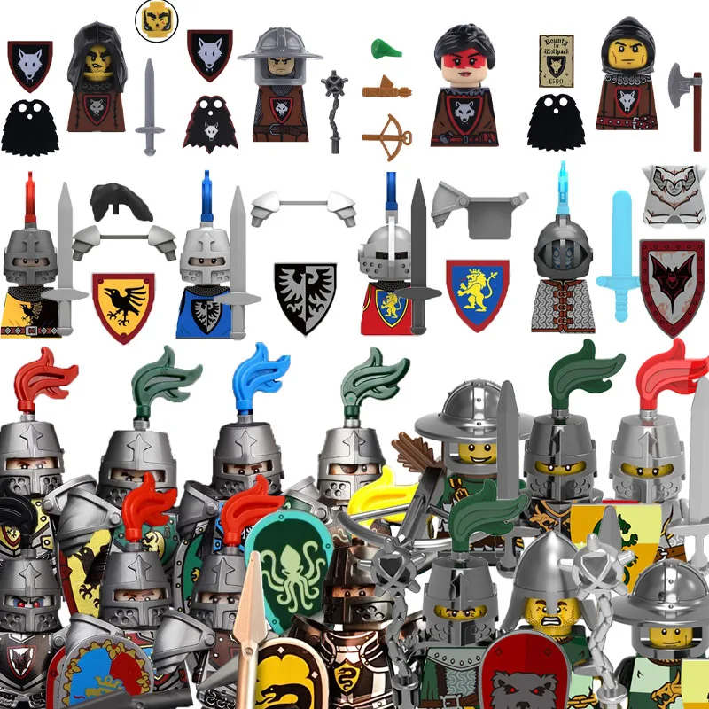 

MOC средневековая фигурка, строительный блок, замок, солдат, лев, волк, рыцарь, армейский щит, доспехи, меч, аксессуары для оружия, кирпичи, игрушки GR02