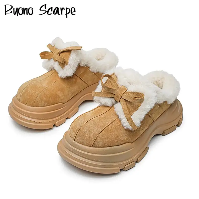 

Western Style Butterfly Knot Suede Leather Round Toe Thick Sole Platform Chunky Heels Women Slippers Fashion Winter Casual Shoes