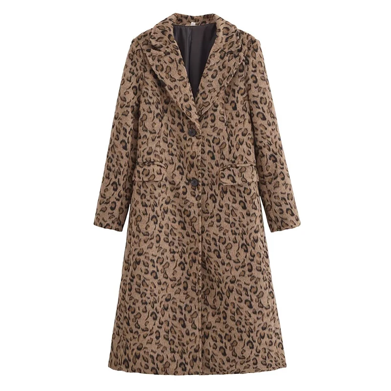 Women High Street A-line Midi Long Leopard Print Woolen Coat  Single Breasted With Pockets Elegant Autumn Winter Warm Outerwear