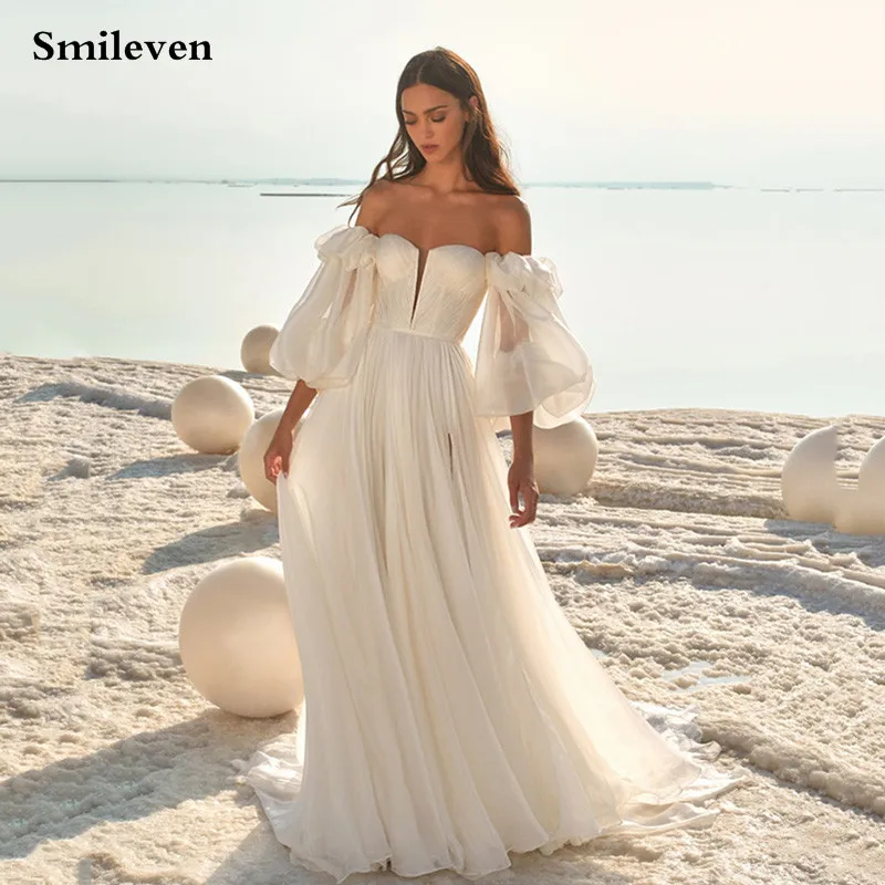 

Smileven Beach Wedding Dress A Line Puff Long Sleeve Bride Dresses Elegant Modest Vestido de novia Customized