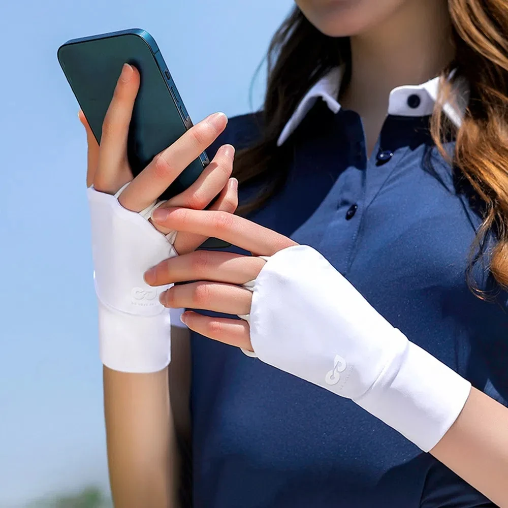 

Elastic Half Finger Golf Gloves Thin Anti-UV Sunscreen Gloves Solid Color Protect Wrist Wristband Ice Silk Mittens Driving