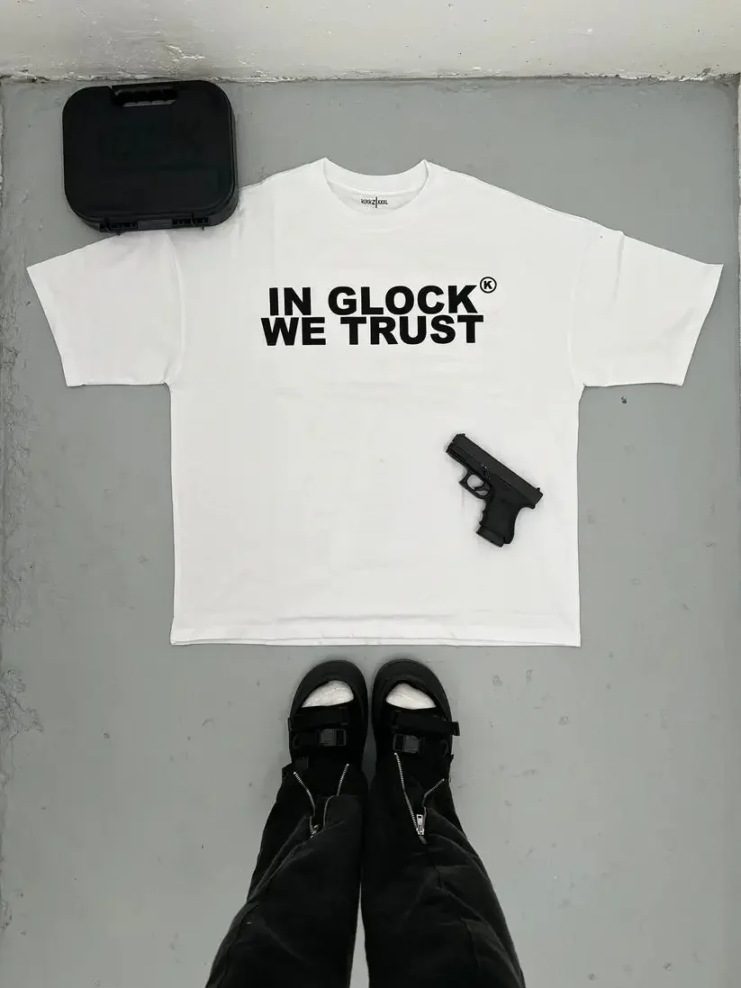 Kixkz Fashion Brand Summer Harajuku Loose Women T-shirt IN GLOCK WE TRUST Letter Print Oversize Tee Short Sleeve Men Clothing