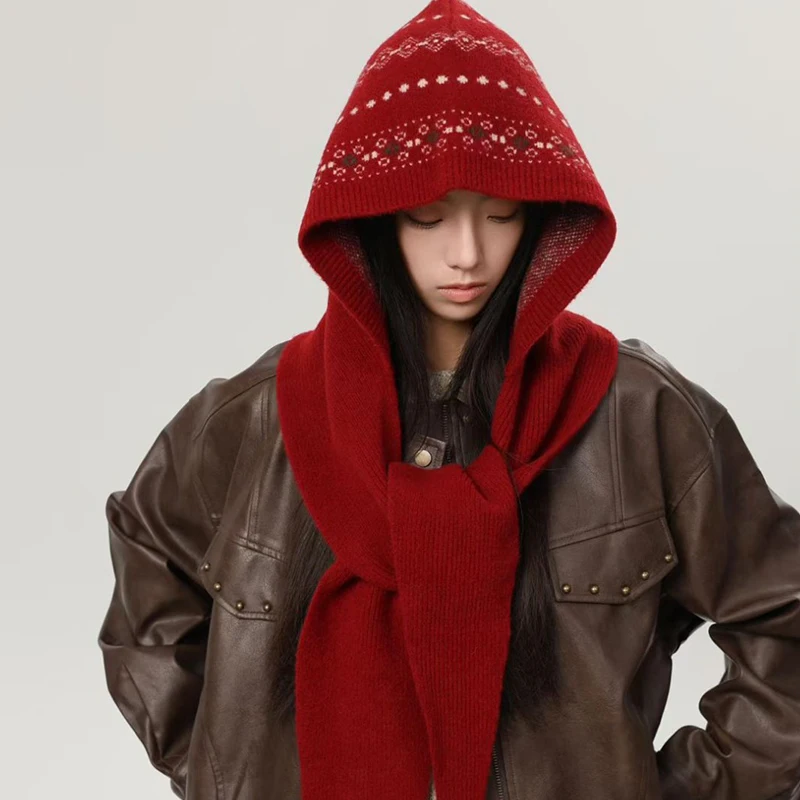 

Women Wool Knitted Scarf Outdoor Winter Warm Scarves Hat And Scarf In One Design Shawl Hooded Caps Soft Cashmere Neck Collar