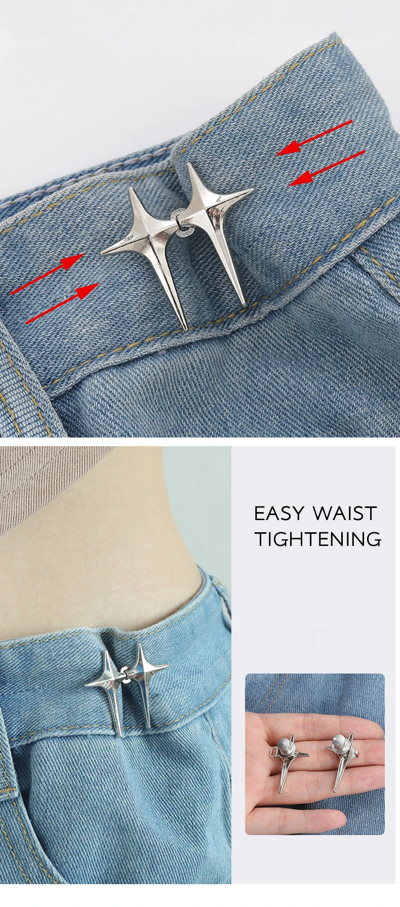 1 Paar verstellbare Hosen-Taillenschnallen für Jeans, Hosen, Röcke, Taillenstraffer, Druckknopf-Einsteller, Hosennadel, einziehbare Clips – Detail 3
