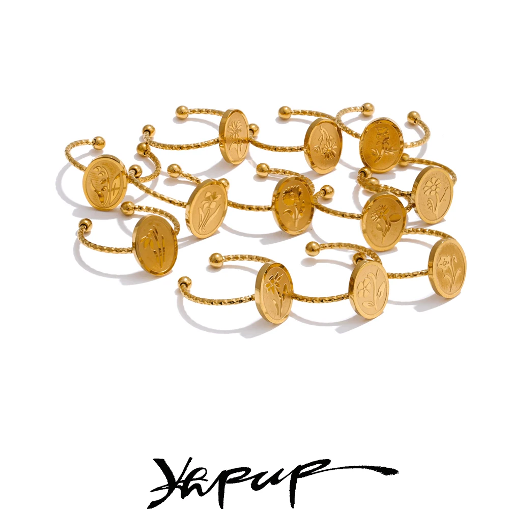 Yhpup-Anillo abierto ovalado Floral con flor de nacimiento de 12 meses, minimalista, de acero inoxidable, chapado en oro de 18 quilates, joyería para dedo al por mayor