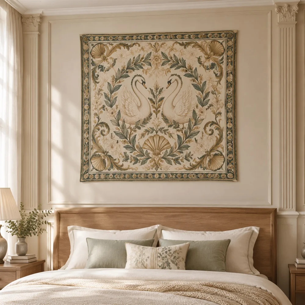 VIKAMA Swan and Wreath Mirror Symmetric Tapestry Wall Hanging, Neoclassical Wall Art Tapestries for Living Room Bedroom Entryway