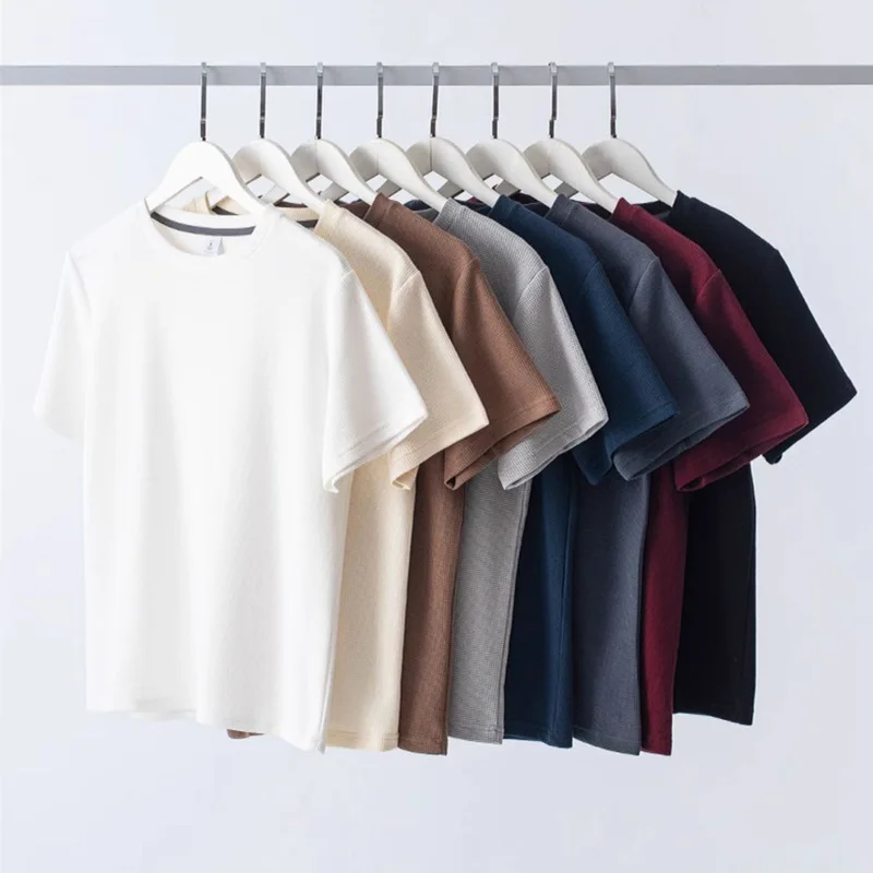 QICHE Waffle Texture Tee Men Back Wrap Neck Design Casual Business Short Sleeve Summer Top