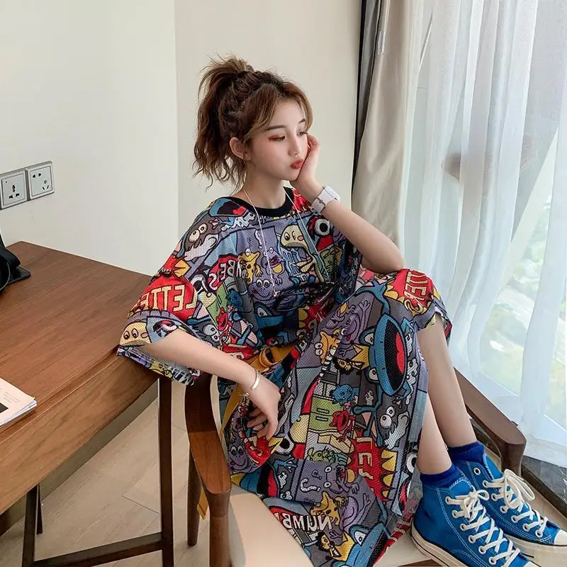 Fashion Summer Dress For Women New Long Dress Cartoon Anime One Piece Outfit Women Short Sleeve Loose Plus Size Dresses