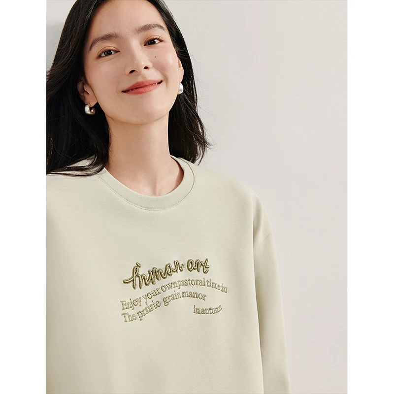 INMAN Women's sweatshirts air layer long sleeve embroidery 2024 autumn hoodie round neck loose pullover tops