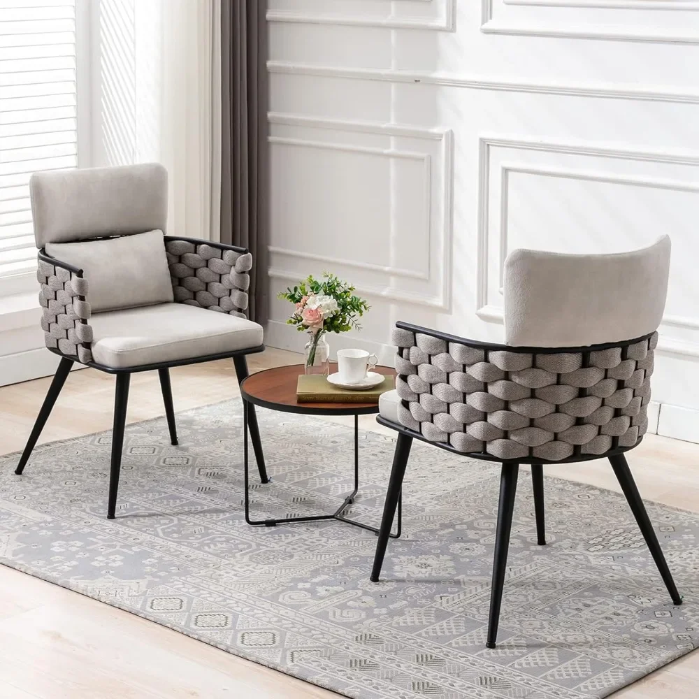 

Modern Dining Chairs Set of 2, Handmade Woven Kitchen Chairs, Upholstered Velvet Dining Chairs with Metal Legs for Kitchen