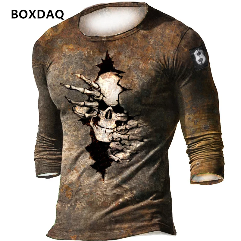 Horror Skulls 3D Printing Men Street Style T-Shirts Spring Autumn Long Sleeve Skeleton Pattern Man Casual Tees 6XL Big Size Tops