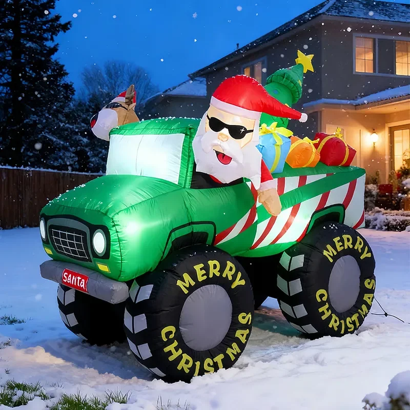 1.8m Inflatable Santa Claus Driving Truck With Reindeer And Christmas Tree Outdoor Garden Yard Holiday Party Decoration Air