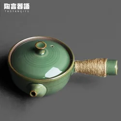 Secret color Yue kiln celadon wide mouth side handle teapot handmade retro pottery Kung Fu tea ceremony tea maker single teapot