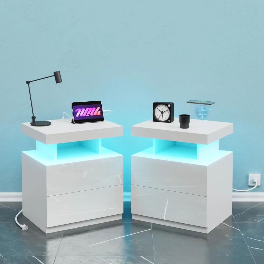 

Set of 2 White LED Nightstand with Wireless Charging Station USB Port Type C Bedside Table Smart LED Nightstand Tall 2 Drawers