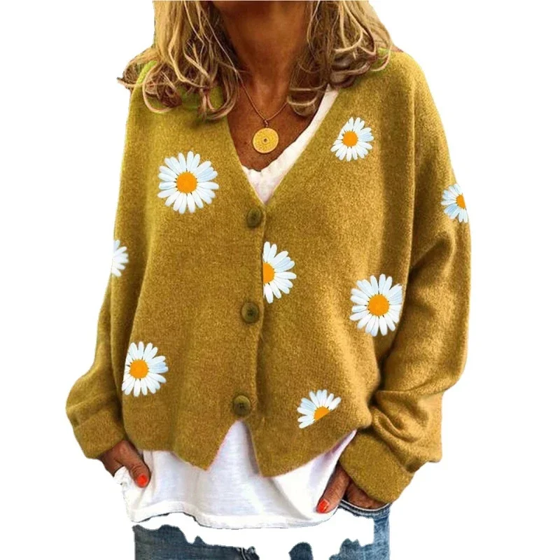 Coats Women Knitted Cardigan Floral V Neck Full Sleeve Coat Single Breasted Sweaters Jumpers Open Stitch Autumn Winter 2