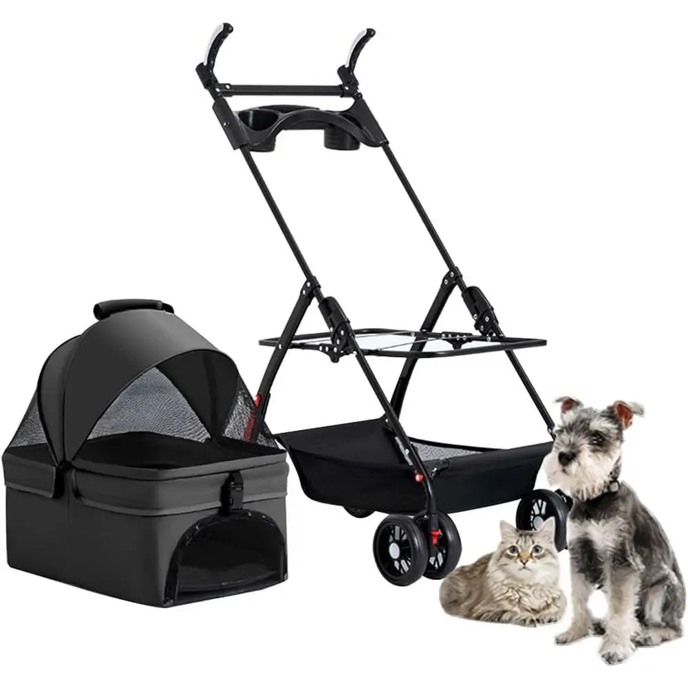 

Lightweight Pet Stroller with Cup Holder and Tray, Adjustable Handle for Small Dogs and Cats (Black)