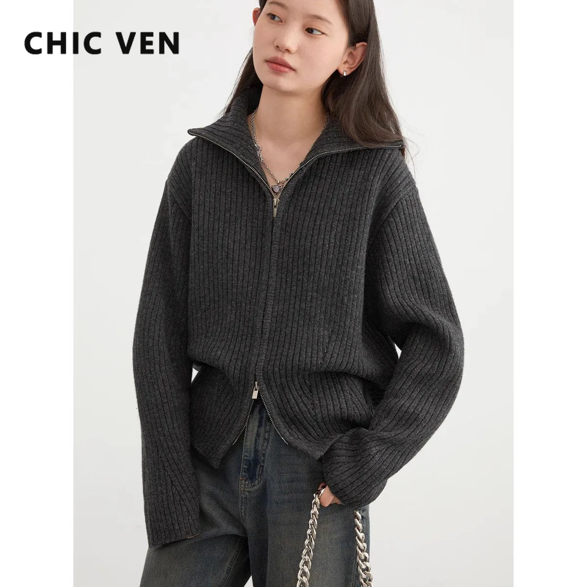 CHIC VEN Korean Women's Sweaters Solid New Casual Double Zipper Jumpers Female Knitwear Cardigan for Woman Autumn Winter 2023