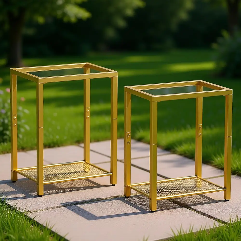 

Set of 2 Tempered Glass Side Tables, 2-Tier for Small Spaces, Suitable for Bedroom, Living Room, and Office, Gold GD76BZP201