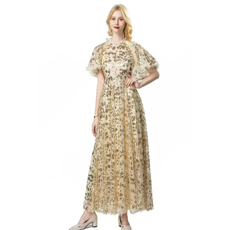Autumn New Stand Collar Retro Style Cape Sleeves Splicing Lotus Leaf Edge High Waist Sequin Embroidered Women's Long Dress S-3XL