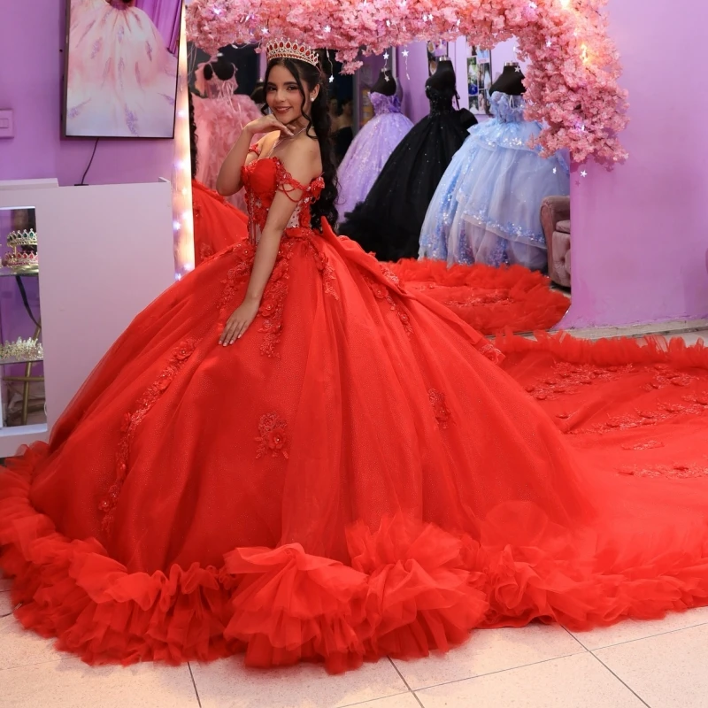 

Red Shiny Quinceanera Dresses Ball Gown Off The Shoulder Applique Flower Beads Bow Tiered Tull Party Birthday Sweet 16 Dress