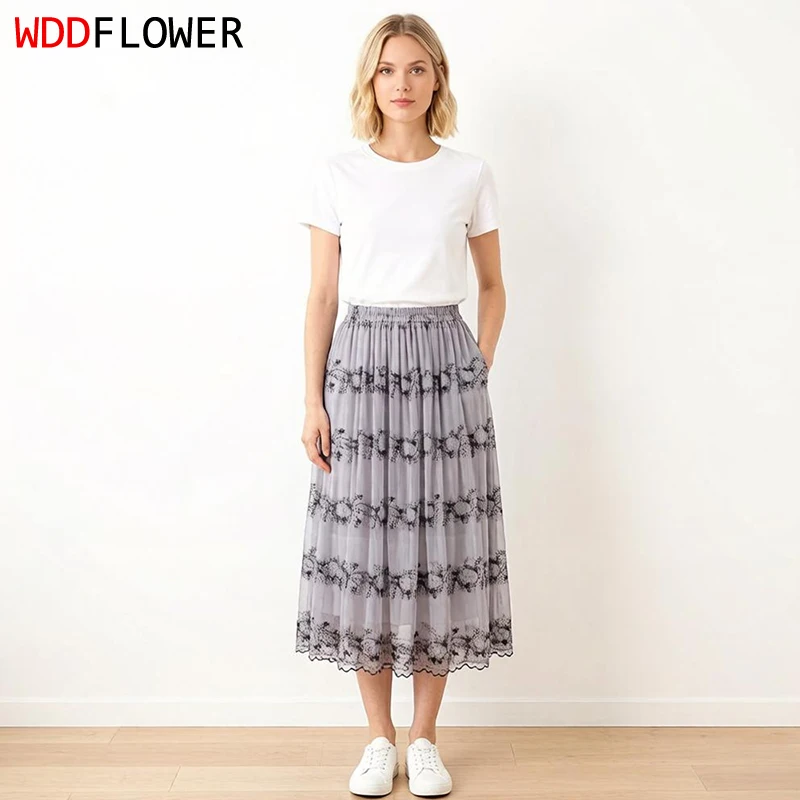 Women Silk Skirt 100% Mulberry Silk Gray Floral Embroidery Long Type Skirt With Double Lining Summer Beach Big Hemline M1635