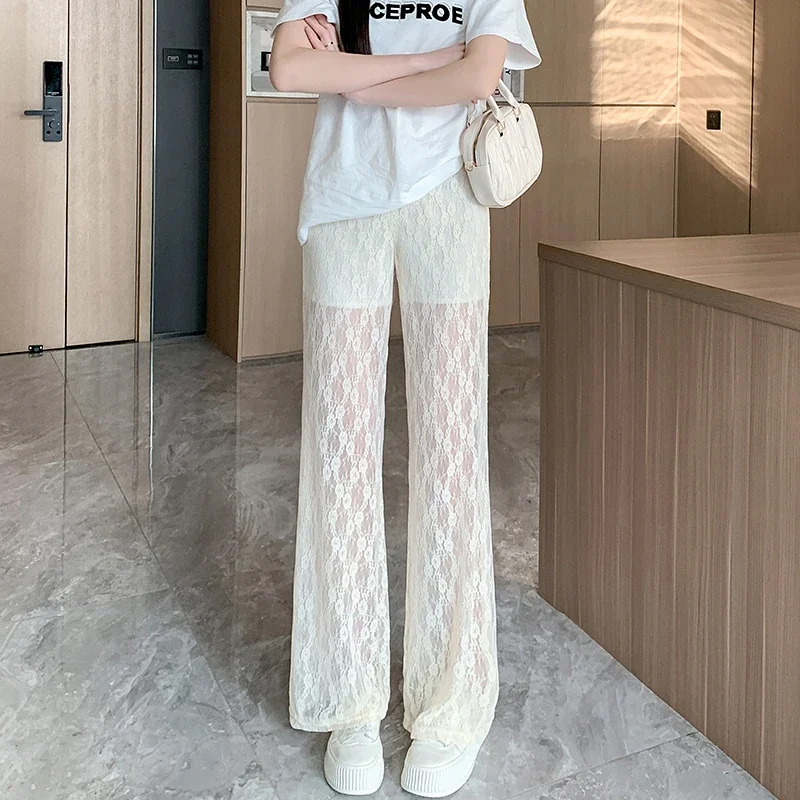 Ladies Fashion Sexy Lace See Through Wide Leg Pants Women Clothes Girl High Waist Trousers Female Woman Streetwear Clothes