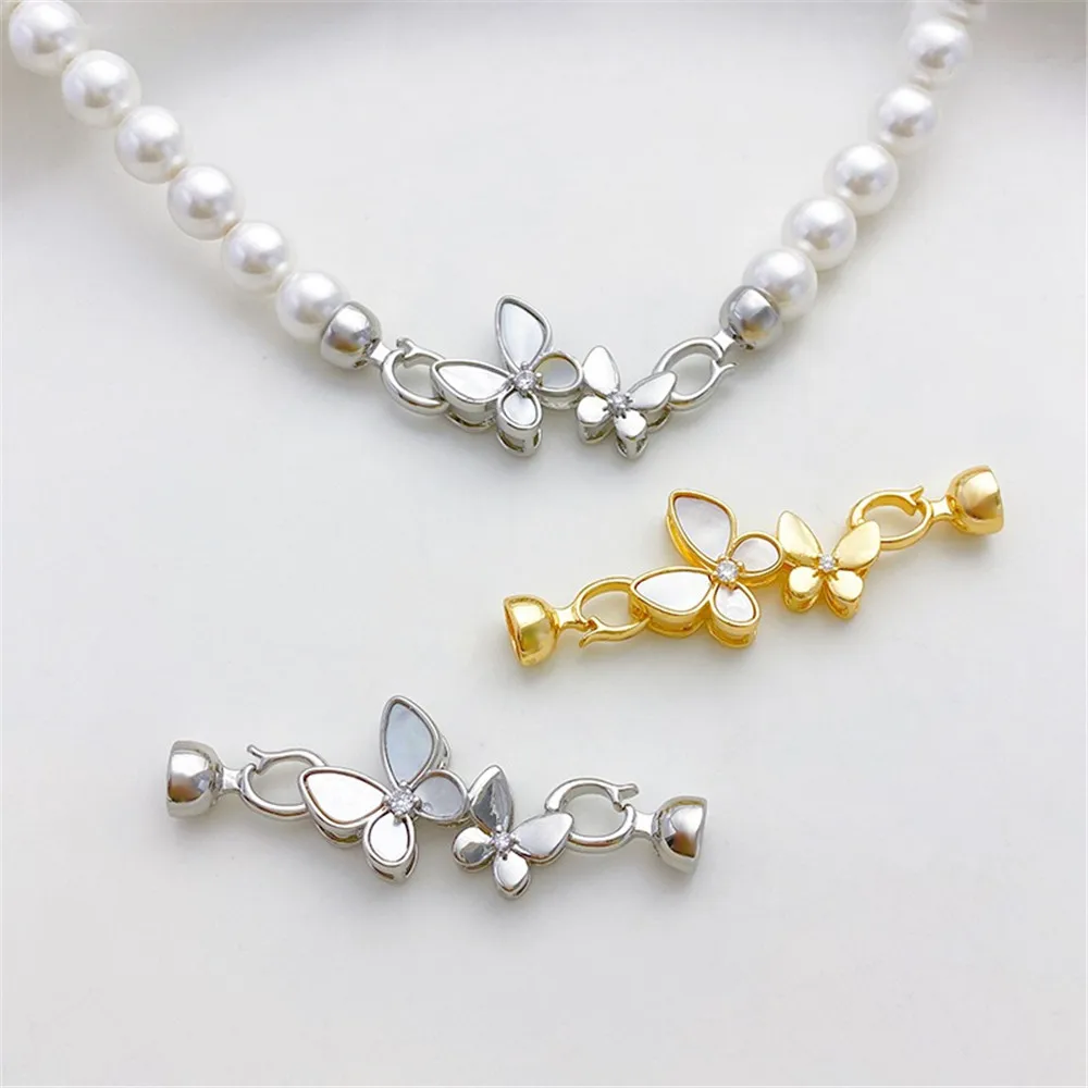 18K Gold Coated Zircon White Shell Butterfly Connecting Buckle DIY Handmade Pearl Jewelry Closing Buckle Material Accessories