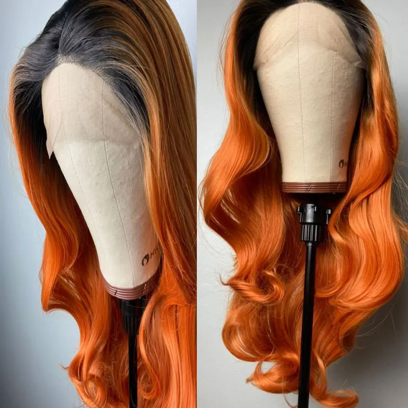 Peluca de pelo ondulado Natural naranja ombré, pelucas frontales de encaje sintético 13x4, pelo de fibra resistente al calor de alta calidad, separación libre para mujeres