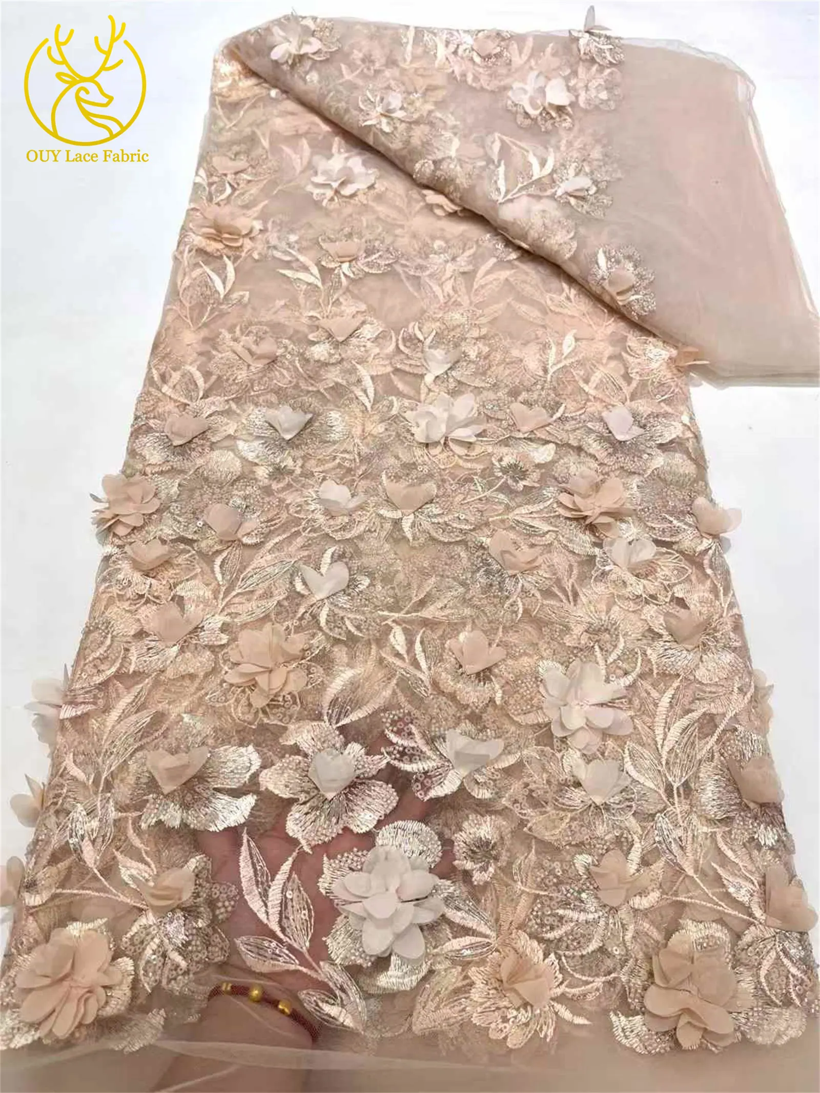 Latest African Beaded Sequins Lace Fabric Fashion Nigeria France 3D Applique Embroidery Mesh Tulle Lace For Wedding Dress Party