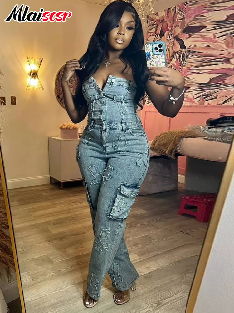 Mlaiscsr Cross Embroidery Pockets Stretch Denim Jumpsuits Women Sleeveless Off Shoulder Boyfriend Rompsers Blue Cargo Overalls