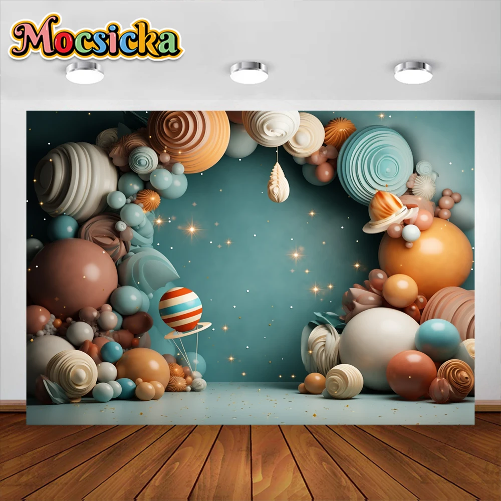 Balão de ar quente fotografia fundo, cortinas azuis, franja folha, lantejoulas, chuveiro de bebê, menino, decoração de aniversário