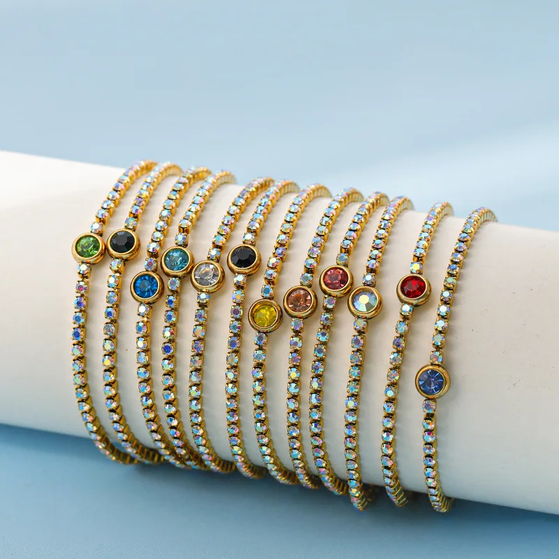 Geburtsstein-Tennisarmband, vergoldet, mehrfarbig, runde Kristall-Strasssteine, 12-Monats-Charm-Armband, Geburtstagsgeschenk – Detail 1