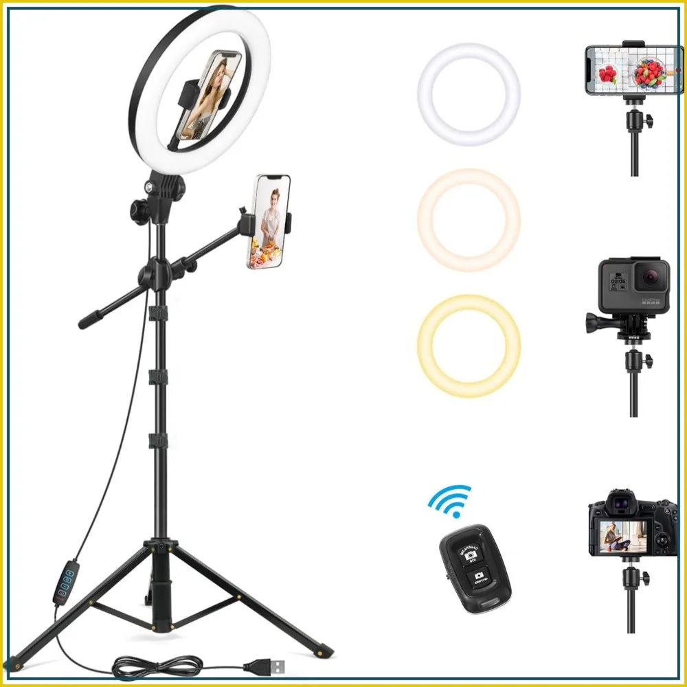Aro de Luz de 10.5 Pulgadas con Soporte de Trípode de 62 Pulgadas para Grabación de Video, Soporte para Teléfono con Montaje Superior para YouTube, Maquillaje, Cocina