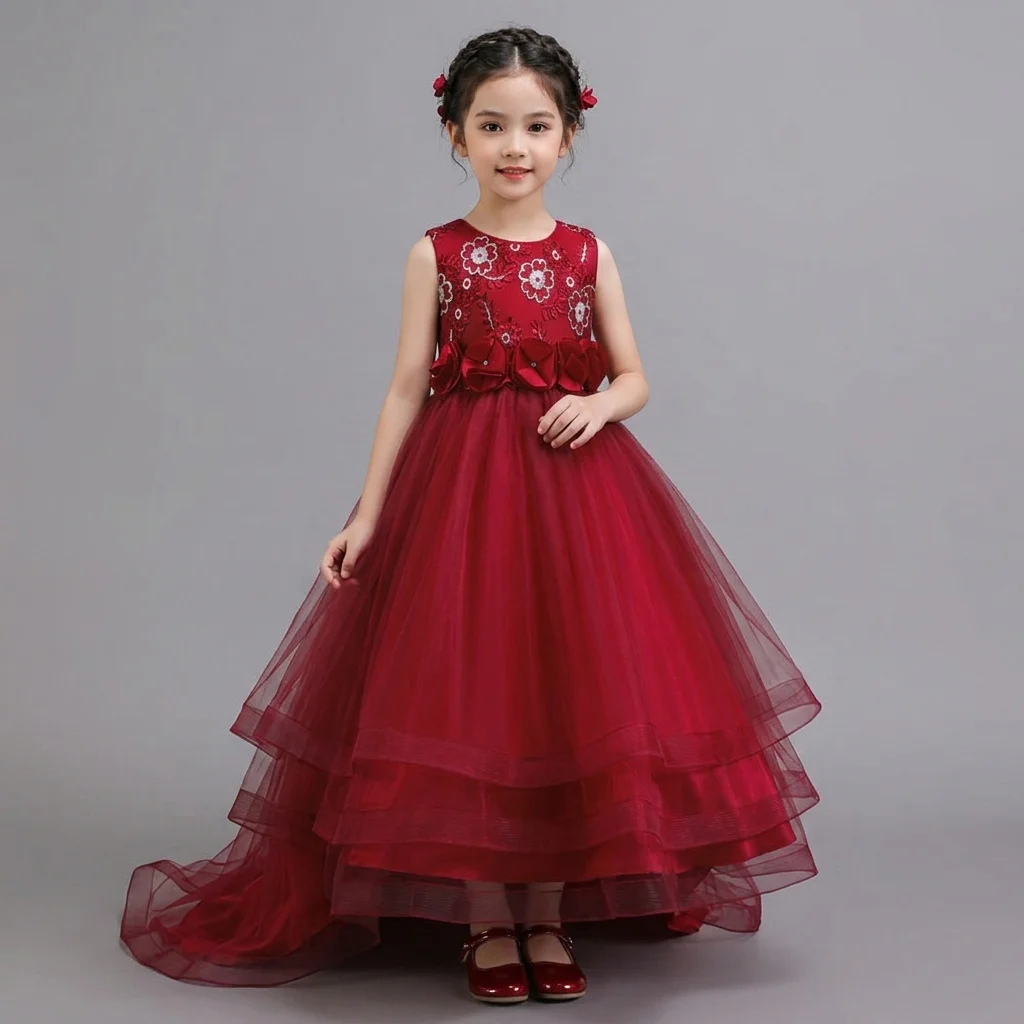 Flower Girls Dress Weddings High-Low Trailing Princess Embroidery Tulle Birthday Party Evening Gown Children Christmas Costumes