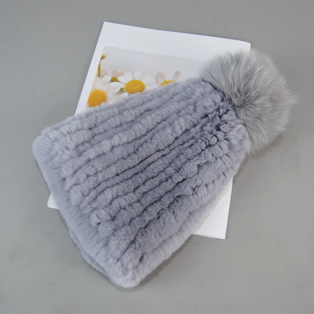 2024 Knitted Rex Rabbit Fur Beanies Hats Women Real Rex Rabbit Fur Hat Quality 100% Real Genuine Rex Rabbit Fur Fox Fur Ball Cap