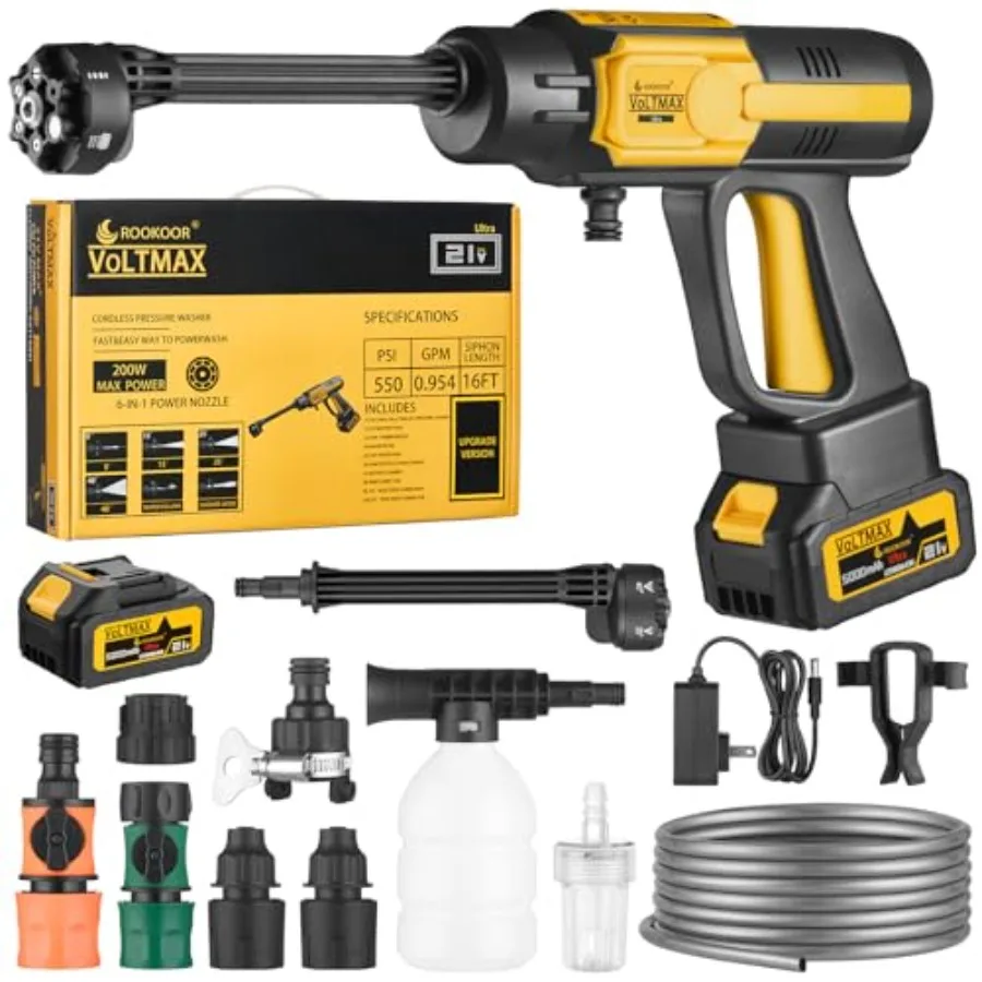 

Cordless Pressure Washer Battery Powered 990PSI Cordless Power Washer with Brushless Motor 5.0Ah Battery 6-in-1 Nozzle 10 Power
