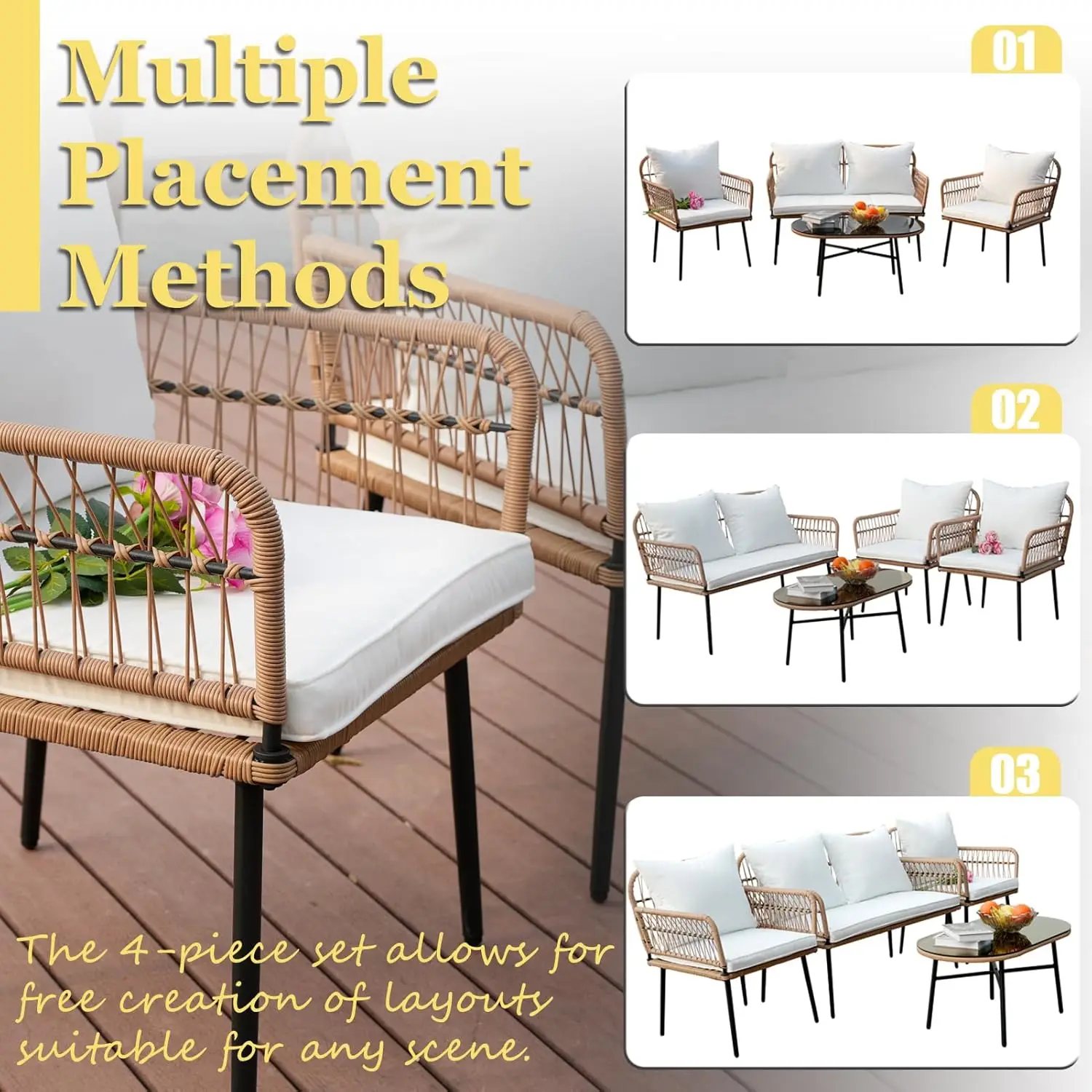 Boho estilo outdoor furniture set, cadeiras de vime com almofadas laváveis brancas e mesa, cadeira varanda