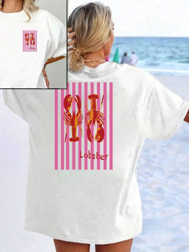 Women's Casual Short-Sleeve T-Shirt with Fun Lobster Pattern Print Soft and Lightweight Round Neck Top Everyday Wear Print Shirt