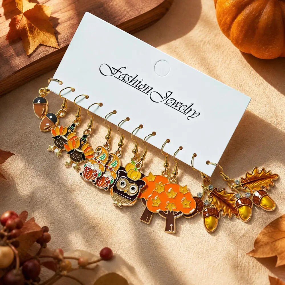 6/12Pairs Thanksgiving Fall Dangle Earrings Set Turkey Maple Leaf Squirrel Acorn Enamel Drop Earrings Women Holiday Party Gift view 4