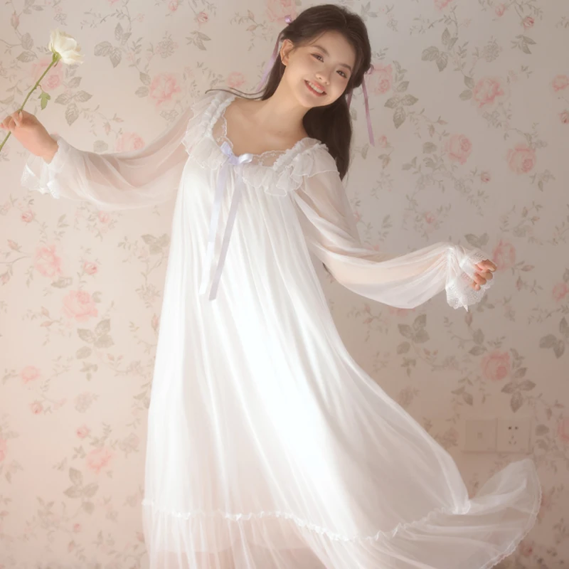 

Vintage Sleepwear Women Long Dress Princess Breathable Skin-Friendly Square Neck Lace Nightgown Loungewear