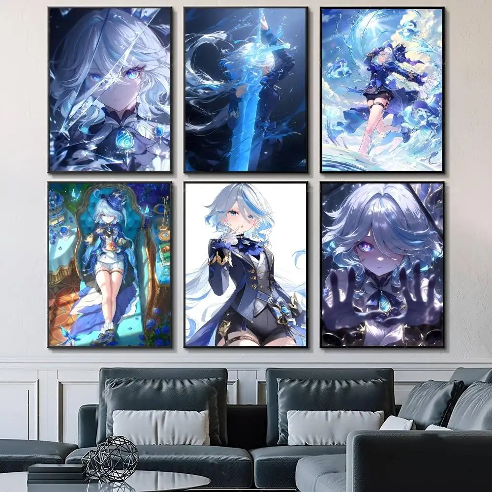Game Genshin Impact Furina Posters Fancy Wall Sticker for Living Room Bar Decoration Wall Decor