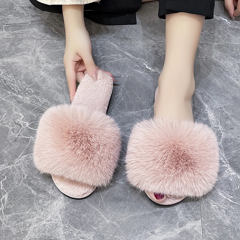 Women\'s Home Slippers Winter Pink Fur Kawaii Flats Furry Elegant Comfortable Soft Shoes for Woman  and Low Price