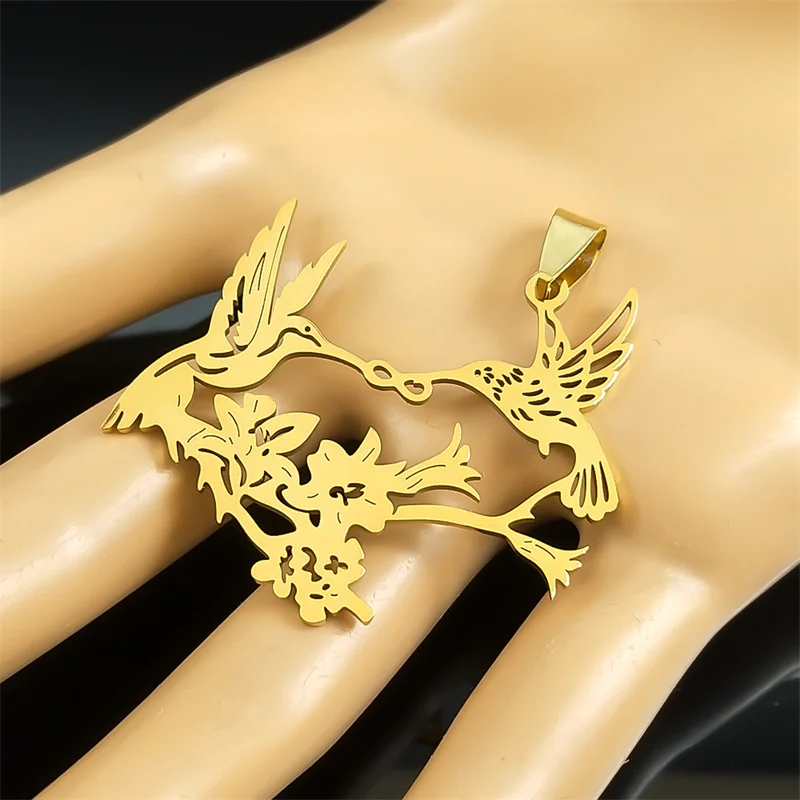 3Pcs Hummingbirds Kisssing Flower Love Pendants For Women Men Stainless Steel Gold Silver Color Birds Charms Jewelry Gifts