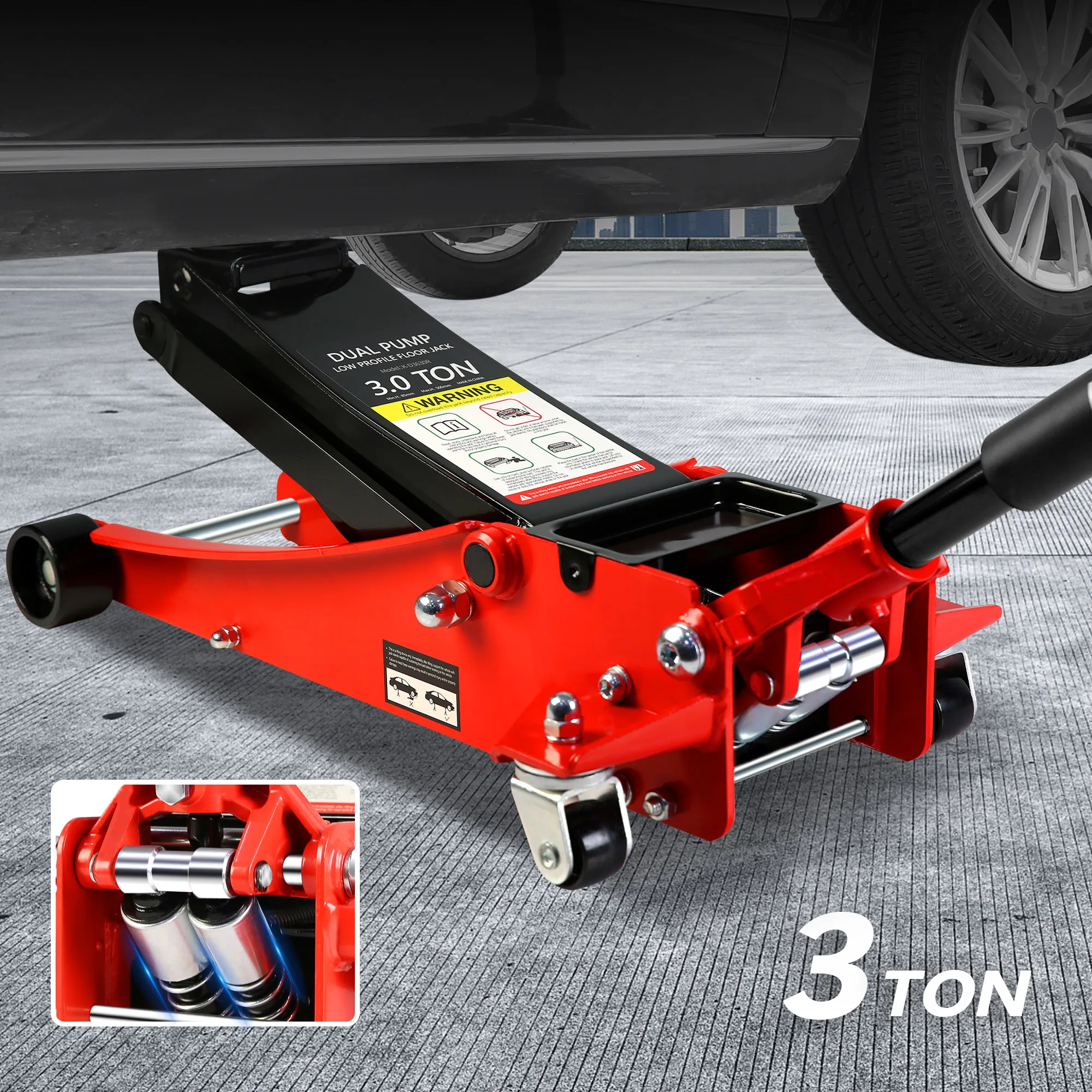 3t Low Profile Jack, Red and Black, Ultra Low Floor Jack with Dual Pistons Quick Lift Pump, Car Jack Hydraulic AutoLifts for Hom