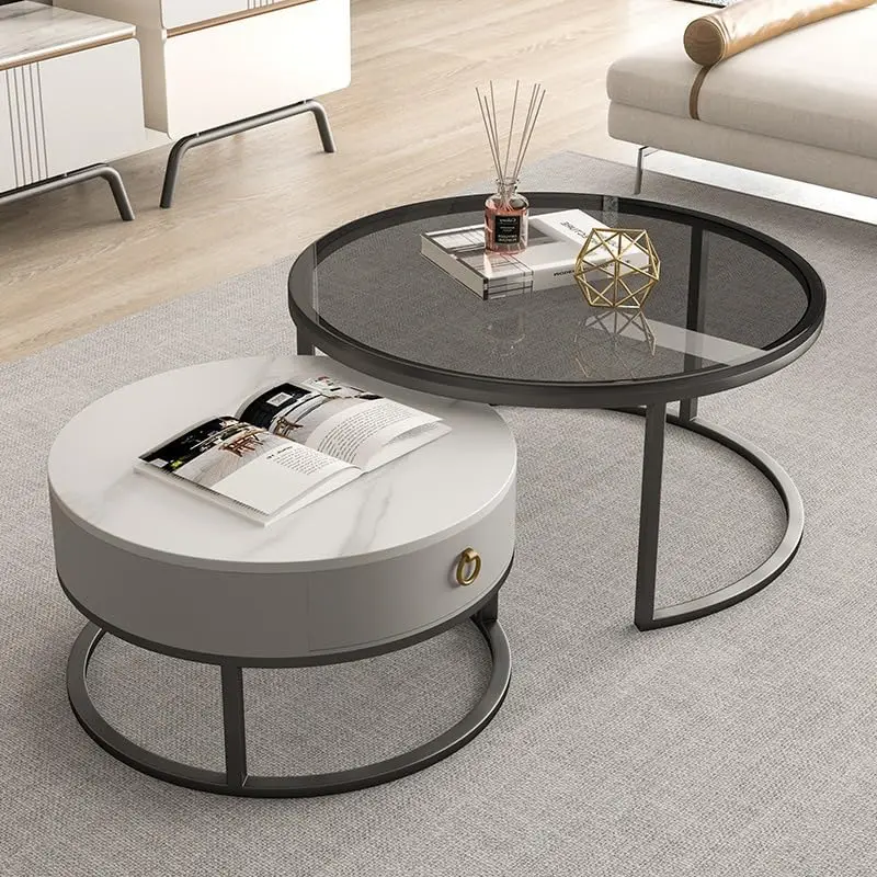 

Ø 27.5" Modern Nesting Coffee Table Set of 2, Round Glass Coffee Table & Side Table with Drawer, Tempered Glass & Leather Uphols