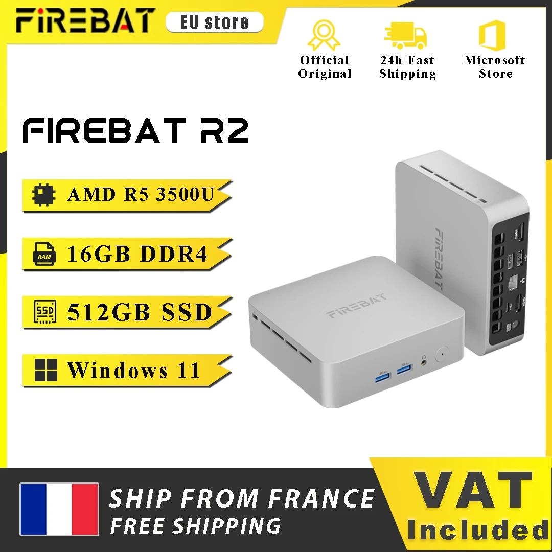 Mini PC FIREBAT R2 AMD Ryzen 5 3500U 16 Go de RAM 512 Go SSD Windows 11 PC double écran 4K WIFI5 Ordinateur de bureau compact