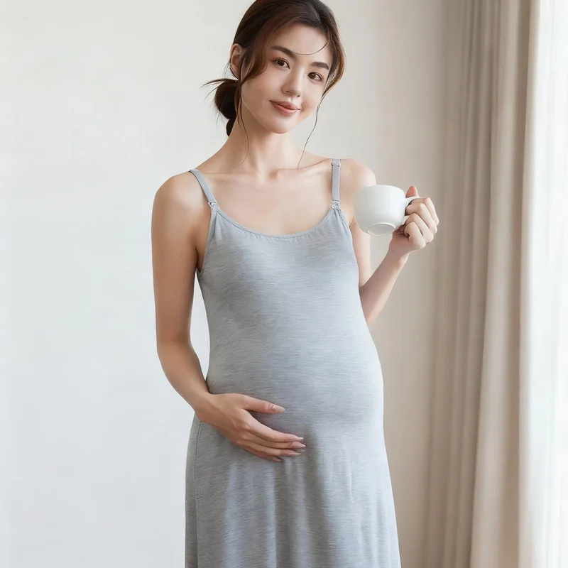 Pregnant Woman Dress 2026 New Summer Maternity Slip Dress With Chest Pad Nursing Sleepwear Loose Plus Size Inner Base Dress