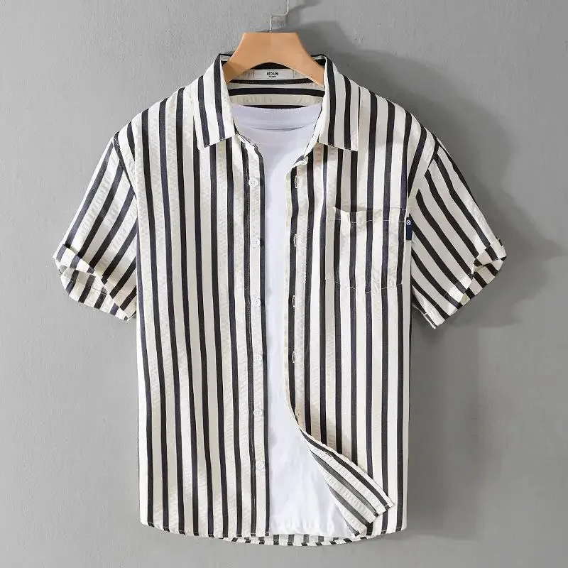 

Black with Pocket Striped Short Sleeve Male Shirts Summer Slim Fit Cotton Sale Normal Vintage Fashion Man 2025 Silk Men's Shirt